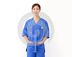 Young asian nurse wearing blue uniform and stethoscope