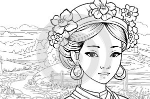 Young Asian princess portrait coloring page. Outline black ink drawing antistress coloring book meadow isolated on