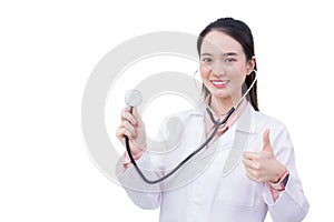 Young asian professional woman doctor who wears medical uniform is showing hand as thump up for health examination while isolated