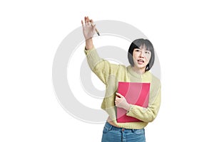 Young asian student woman raising her hand to ask a question, isolated.