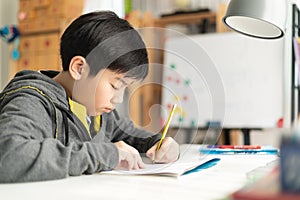 Young asian teenage student doing homework .