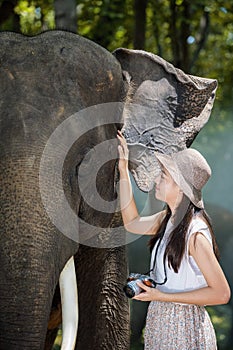 A young Asian tourist takes a picture with an elephant in the jungle of Surin, Thailand