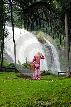 Young Asian tourist woman in pink sweater wooden basket and local hat Adventure waterfall