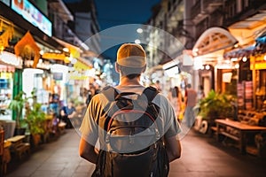 Young Asian traveling backpacker in Khaosan Road outdoor market in Bangkok, Thailand photo