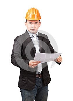young asian wearing safety helmet working engineering man holding project paper work isolated white background use for engineer w