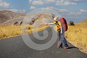 Young asian woman backpacks  as standing near road and hitchhiking. adventure travel, road trip image
