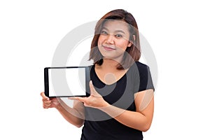 Young asian woman black hair holding tablet computer. Woman using blank screen digital tablet computer