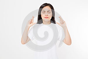 Young asian woman cross fingers for wishing good luck isolated on white background.Template summer t shirt. Copy space