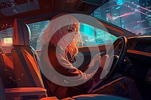 Young Asian woman driving a car and using a tablet at sunset. Generative AI