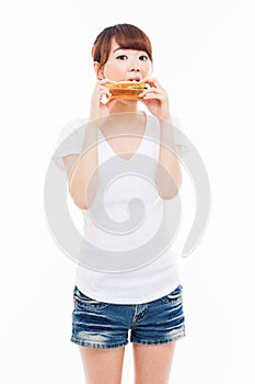 Young Asian woman eat sandwhich.