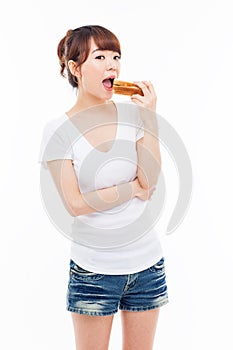 Young Asian woman eat sandwhich.