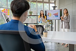 Young asian woman entrepreneur startup presenting with financial backers for new project to request funding to support the project