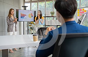 Young asian woman entrepreneur startup presenting with financial backers for new project to request funding to support the project