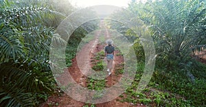 Young asian woman goes alone outdoor by the road with wild forest mountains on background Travel Lifestyle and survival