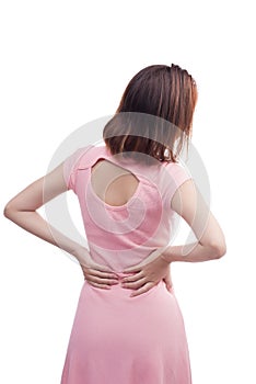 Young asian woman is having back pain. Over white background.