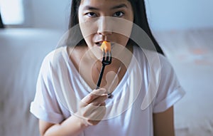 Young asian woman having fresh fruits papaya slices,Concept healthy food