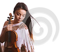 a young asian woman holding a violin instrument