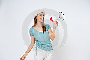 Young Asian woman holding megaphone isolated on white background, Speech and announce concept