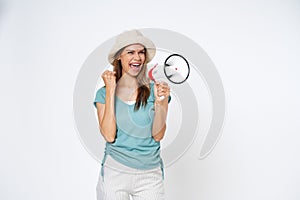 Young Asian woman holding megaphone isolated on white background, Speech and announce concept