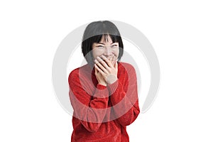 Young asian woman laughing and giggle covering mouth with hands, isolated.