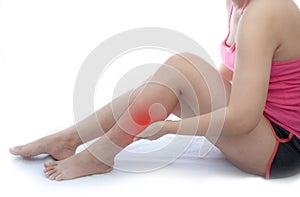 Young Asian woman with leg pain and at white background