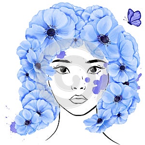 young Asian woman in a linear portrait. Her hairstyle features graceful blue anemone flowers adorned with a delicate butterfly,