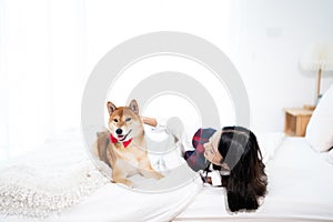 A young Asian woman lounging with a Shiba inu dog on a white bed