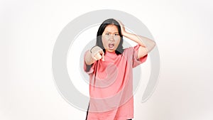 Young Asian woman in pink t-shirt pointing at camera and shout isolated on white background