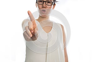 Young asian woman pointing finger and say no.