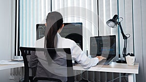 Young Asian woman Programmer Typing code working with computer at table, coding cyberspace and Web Development Concept