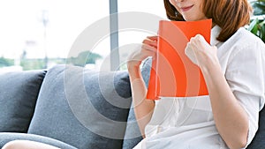 Young asian woman reading book on cozy couch sofa at warm hom. Relax woman holding book read on sofa near window happiness.woman