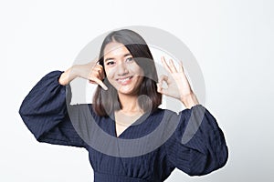 Young Asian woman show with phone gesture and OK sign