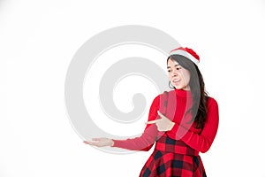 Young Asian woman showing product with open hand palm on Isolate