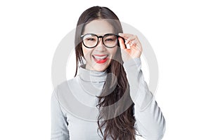 Young Asian woman with smiley face wearing glasses isolated on w