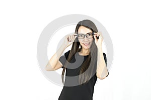 Young Asian woman with smiley face wearing glasses.