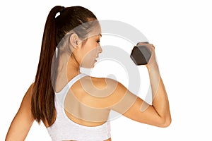 Young Asian Woman in Sports Bra with Dumbbell