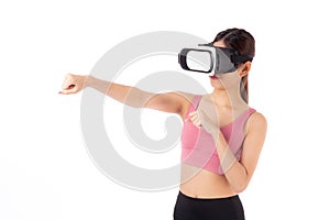 Young asian woman in sportswear wearing vr headset for exercise with punch isolated white background.