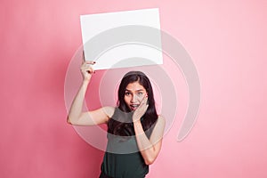 Young Asian woman surprise with white blank sign.