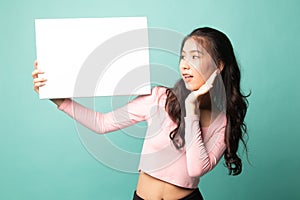 Young Asian woman  surprise with  white blank sign