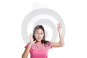 Young Asian woman surprise with white blank sign