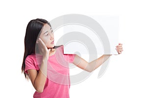 Young Asian woman surprise with white blank sign.