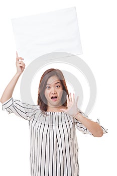Young Asian woman surprise with white blank sign.