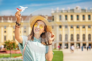 Young asian woman travel in Schoenbrunn royal palace garden. Travel and tourism in Vienna and