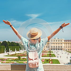 young asian woman travel in Schoenbrunn royal palace garden. Travel and tourism in Vienna and