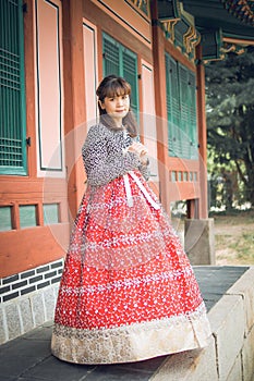 Young asian woman traveler in korean national dress