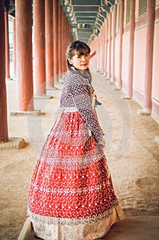 Young asian woman traveler in korean national dress