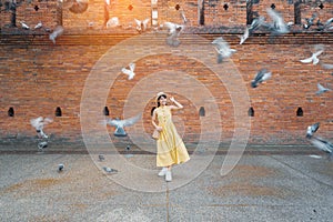 Young asian woman traveler in Yellow dress with hat and bag traveling on Tha Pae Gate, Tourist visit at the old city in Chang Mai