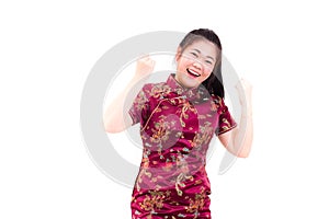 Young asian woman wearing chinese dress traditional cheongsam with gesture of congratulation,