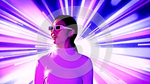 young asian woman wearing white shirt and 3d glasses on motion 3d background. Metaverse concept