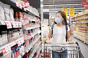 Young Asian women are shopping at supermarkets. She wears a mask against COVID-19 and dust